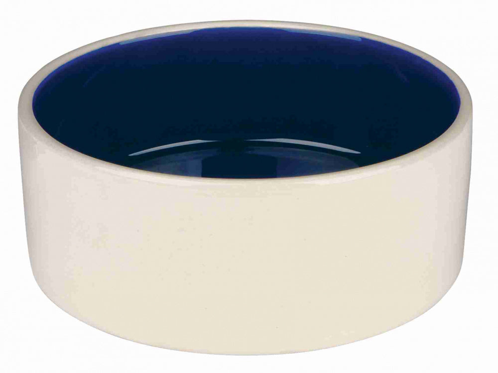 Cream and blue stoneware pet feeding bowl, 18cm diameter, 1 liter capacity, dishwasher safe.