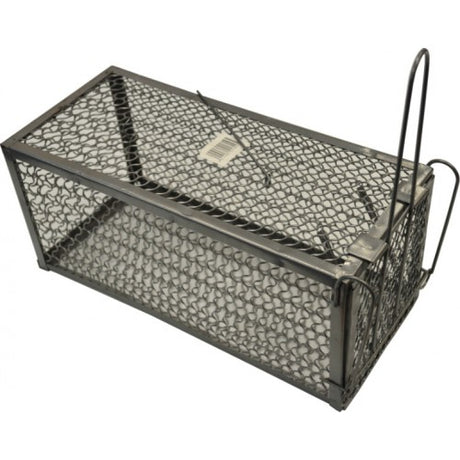 Cage-type metal rat trap for humane rodent control, measuring 300x130x250mm, ideal for gardens and farms.