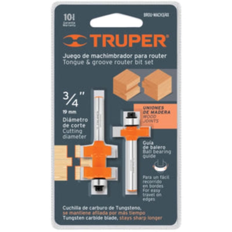 Router Bit Tongue & Groove 3/4" from Truper, ideal for precise joints in woodworking with durable 1/4" shaft.