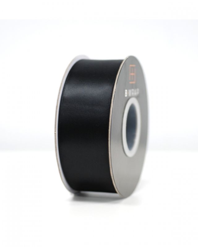 Double-sided satin ribbon in black, 38mm wide and 30m long, ideal for elegant gift wrapping and decorations.