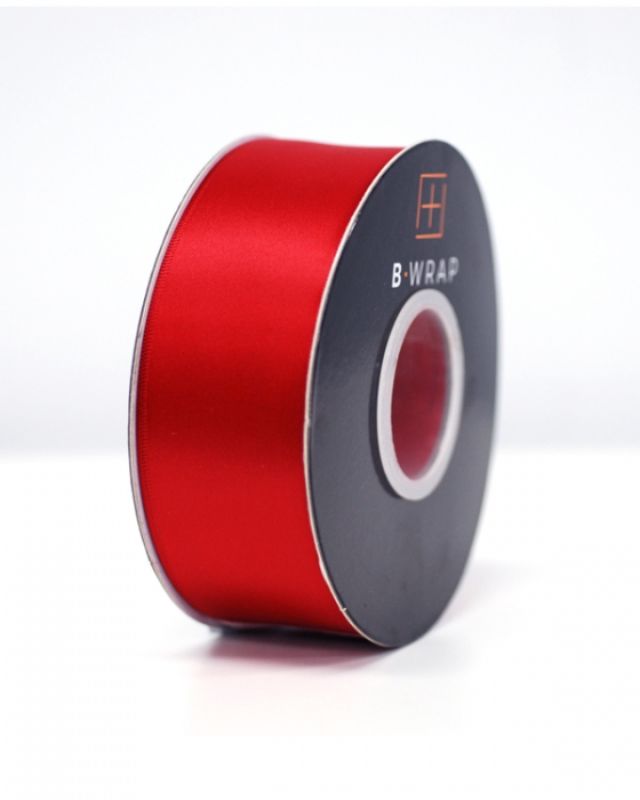Double-sided satin ribbon in red, 38mm wide and 30m long, perfect for elegant gift wrapping and decorations.