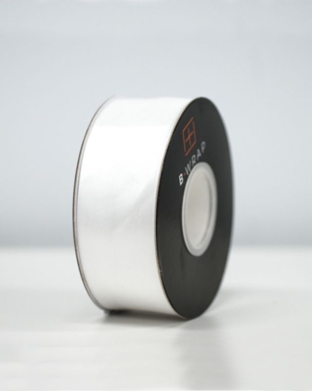 Double-sided satin ribbon in white, 38mm wide and 30m long, perfect for gift wrapping and crafts.