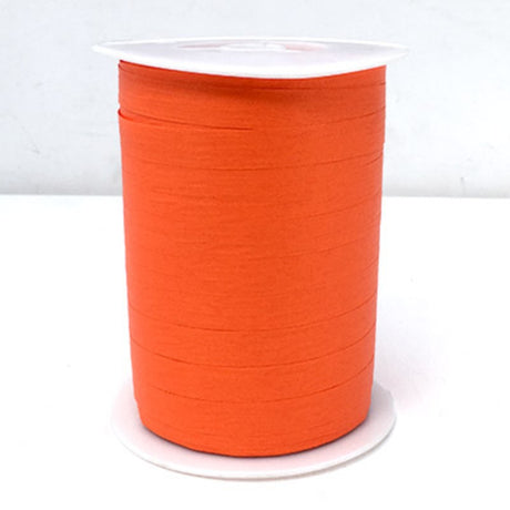 Bright orange curling ribbon, 10mm wide and 250m long, perfect for gift wrapping and decorations.