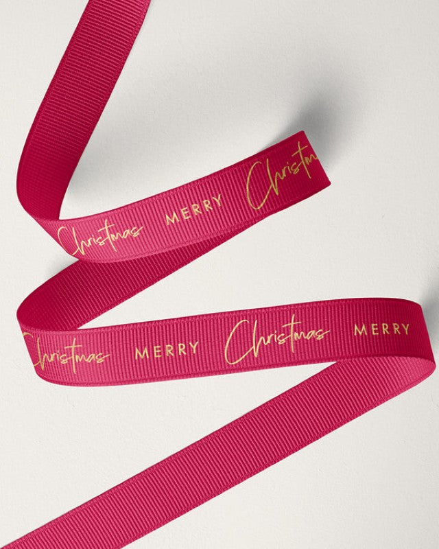Ribbon - 16mm Merry Christmas Grosgrain Gold on Red