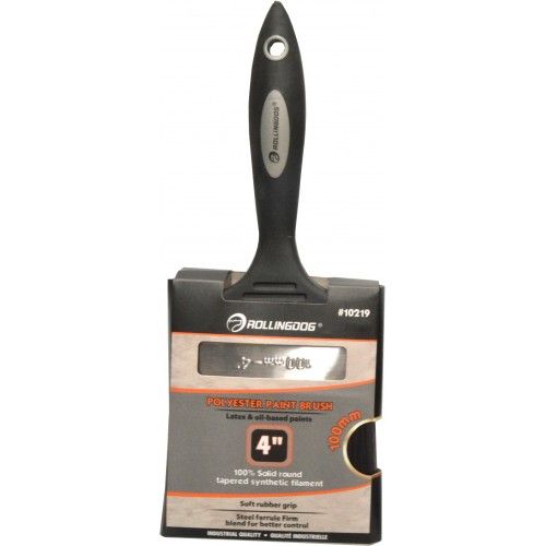 Industrial-grade 100mm paint brush with solid tapered polyester bristles and a soft grip rubber handle.