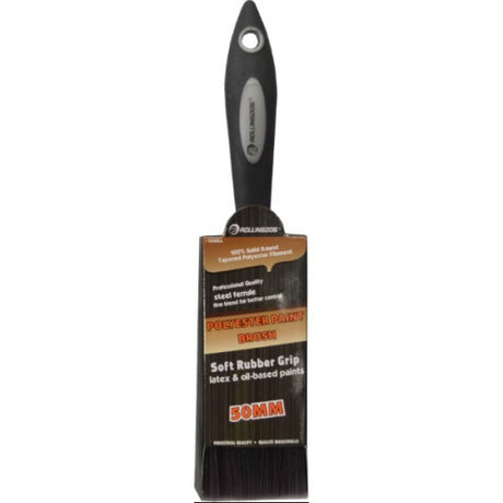 Industrial-grade 50mm paint brush with tapered polyester bristles and a soft grip rubber handle for comfort.