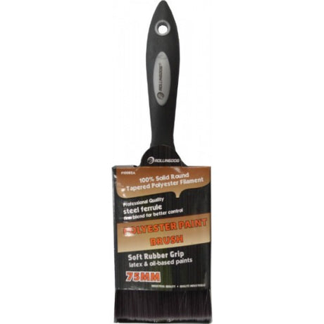 Industrial-grade 75mm paint brush with tapered polyester bristles and a soft grip rubber handle.