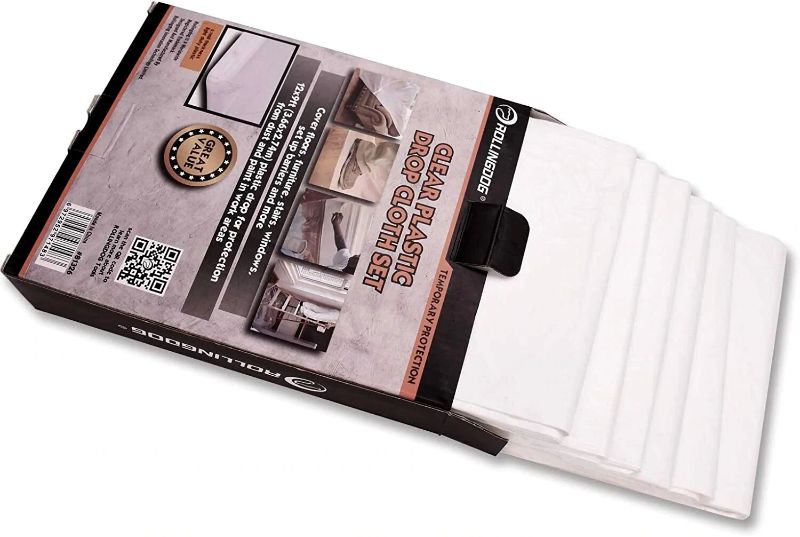 Lightweight plastic drop cloths measuring 3.66m x 2.74m, ideal for protecting surfaces during renovations and crafts.
