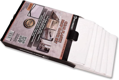 Lightweight plastic drop cloths measuring 3.66m x 2.74m, ideal for protecting surfaces during renovations and crafts.