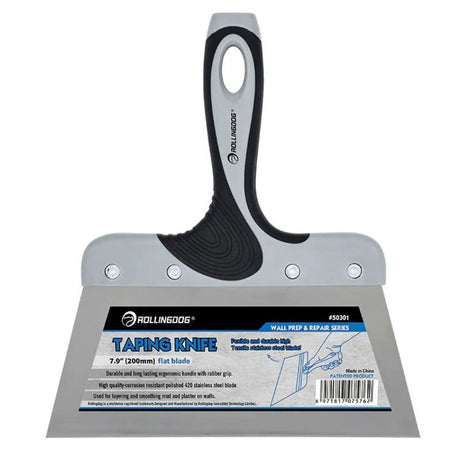 Stainless steel taping knife with a 200mm blade, ergonomic handle, and rubber grip for smooth drywall finishing.