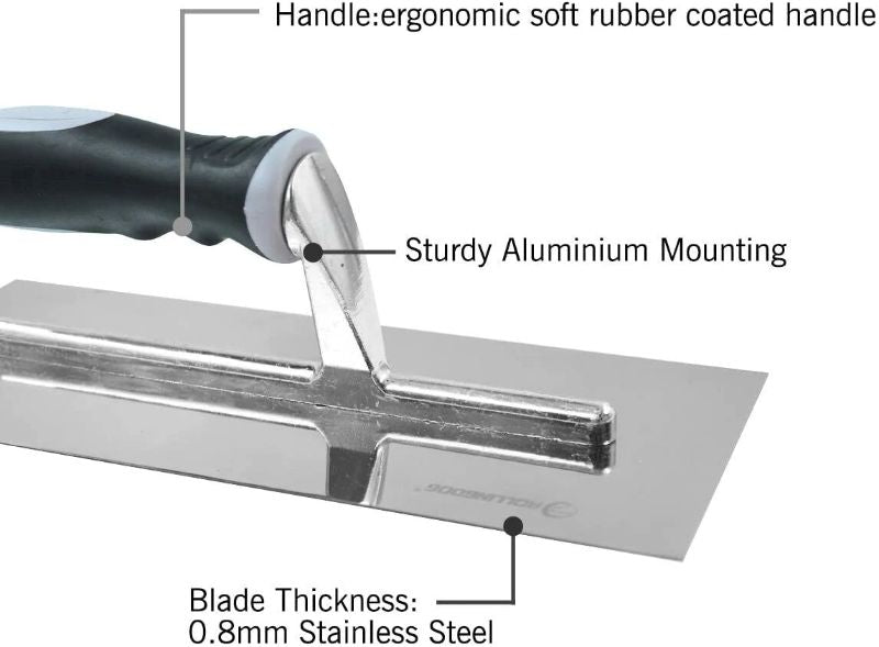 Plastering trowel with ergonomic handle, 280mm x 115mm blade for smooth finishes and durable aluminum construction.