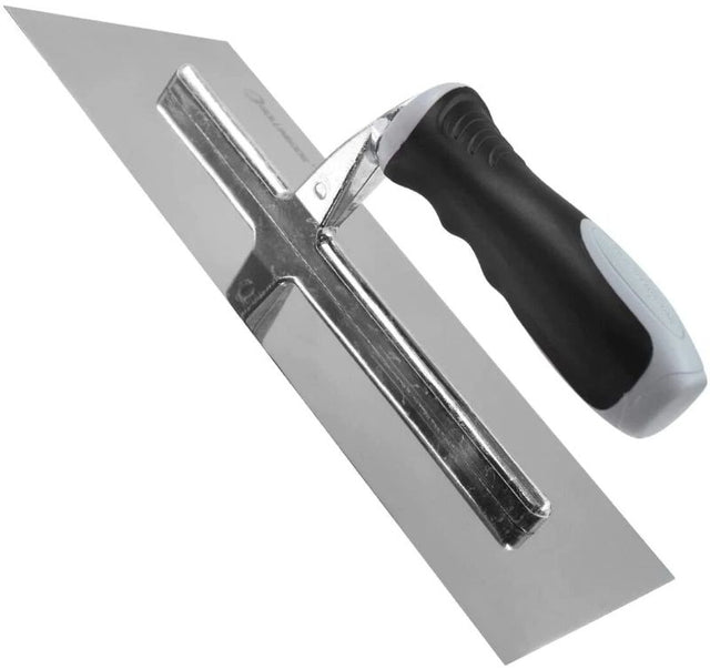 Ergonomic 280mm x 115mm plastering trowel with a rubber-coated handle and durable aluminum mounting for professional finishes.