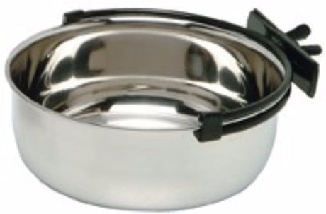 Securapet Bowl 9cm 300mL, stainless steel, snap-fit fixture for secure feeding in cages and carriers, easy to clean and durable.