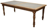 Rustic dining table with antique zinc top and reclaimed elm, perfect for gatherings and enhancing dining area aesthetics.