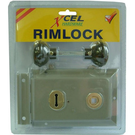 Grey double handle lock rim, surface mounted, reversible for left/right doors, includes brass handles and 2 keys.