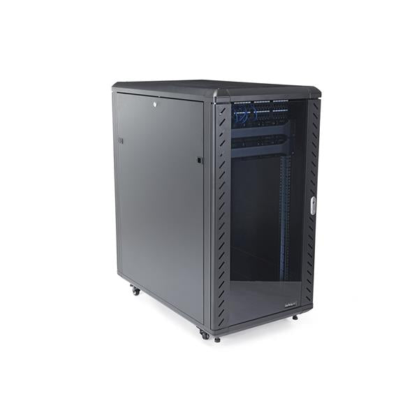 22U Knock-Down Server Rack Cabinet with casters, featuring a glass front door and optimal airflow for secure IT storage.