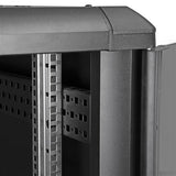 22U Knock-Down Server Rack Cabinet with glass door, removable side panels, casters, and optimal airflow for EIA-310 devices.