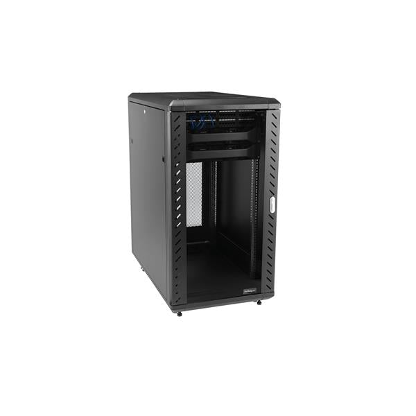 22U server rack cabinet with casters, glass front door, adjustable rails, and 800 kg load capacity for secure, mobile IT storage.