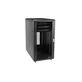 22U server rack cabinet with casters, glass front door, adjustable rails, and 800 kg load capacity for secure, mobile IT storage.