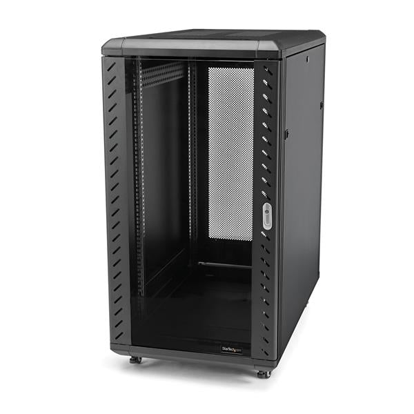 22U server rack cabinet with casters, glass door, adjustable rails, and secure storage for EIA-310 equipment, sleek black design.