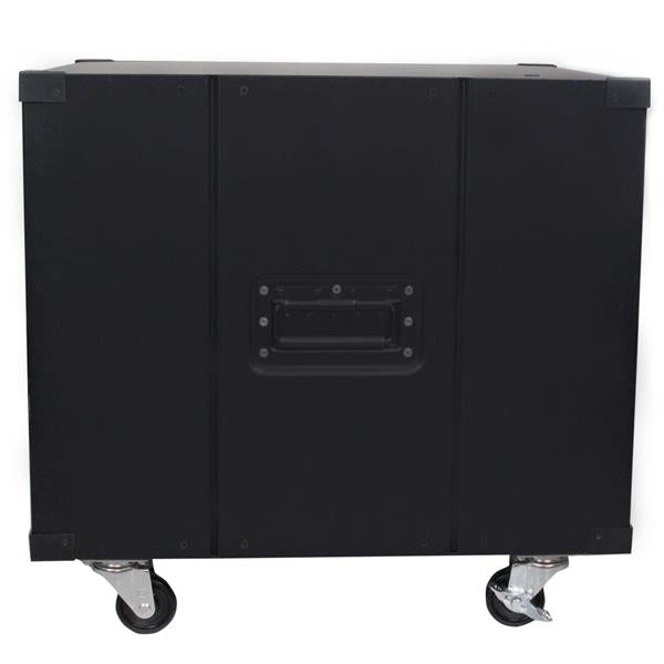 Portable 9U server rack with handles and swivel casters for easy transport, holding up to 220 lb of equipment.