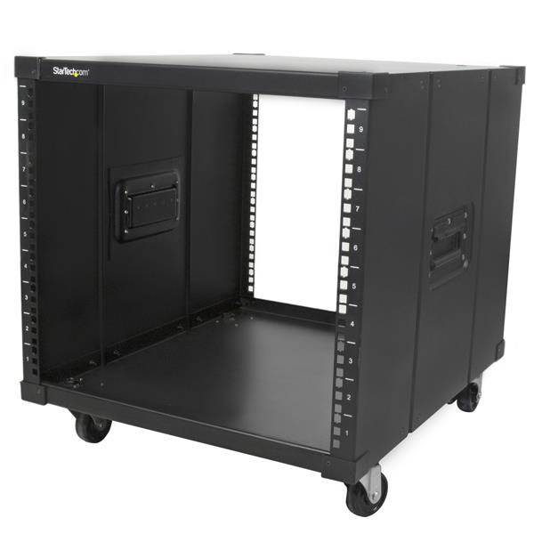 Portable 9U server rack with handles and swivel casters for easy transport, suitable for telecom and network equipment.