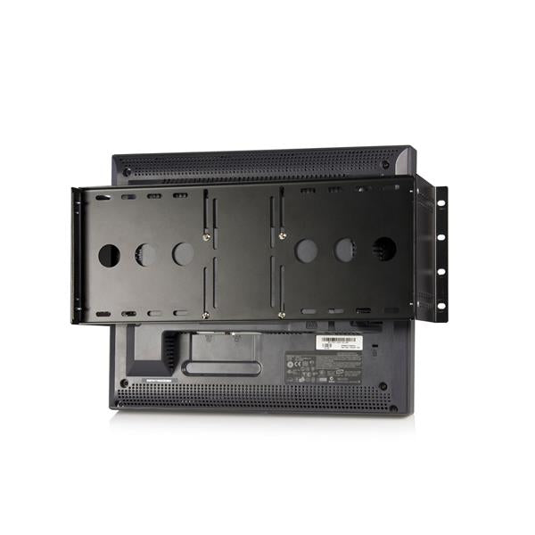 Universal VESA LCD mounting bracket for 19in racks, supports various depths for touch screens and monitors.