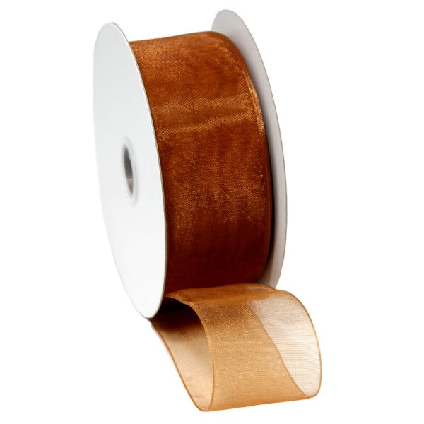 Elegant chocolate organza ribbon with woven edges, perfect for crafting, gift wrapping, and event decorations, 40mm x 50m.