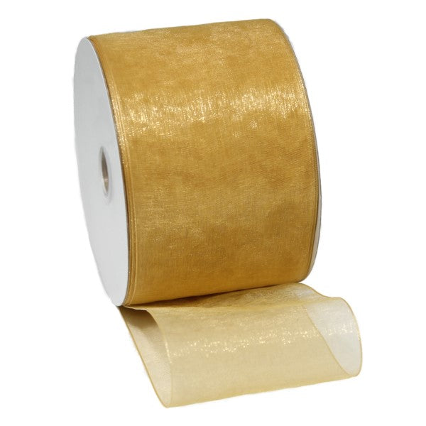 Luxurious gold organza ribbon with woven edge, 70mm wide and 50m long, perfect for elegant crafting and gifting.