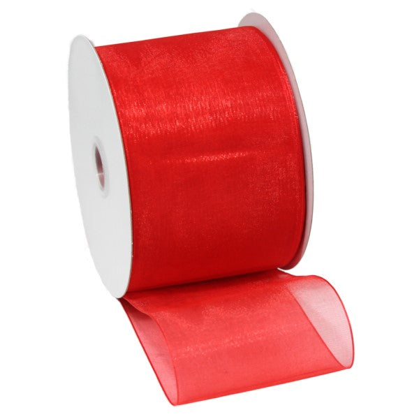 Vibrant red organza ribbon with woven edges, 70mm wide and 50m long, ideal for crafts, decorations, and gift wrapping.