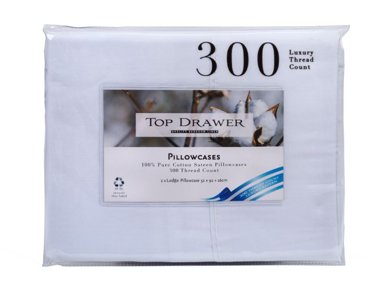 Lodge Pillowcase 2 Pack in white, 100% cotton sateen, 300 thread count, ideal for a luxurious sleep experience.