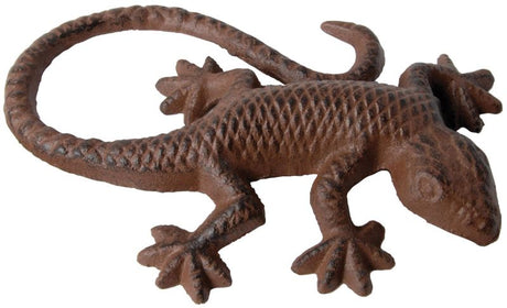 Set of 6 hand-cast cast iron lizard ornaments, each 10 x 15 cm, ideal for indoor or outdoor decor.