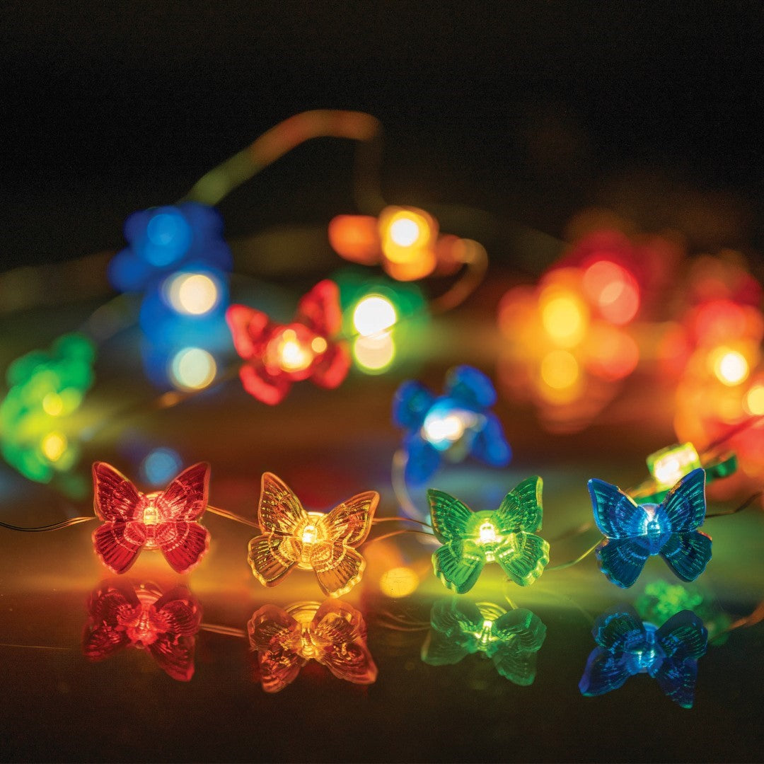 Enchanting LED butterfly string lights in a set of 3, featuring 20 colorful LEDs on a flexible 2-meter cable.