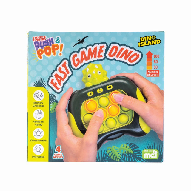 Handheld Dino Island Push & Pop game featuring vibrant colors, satisfying buttons, four modes, and 100+ levels for endless fun.