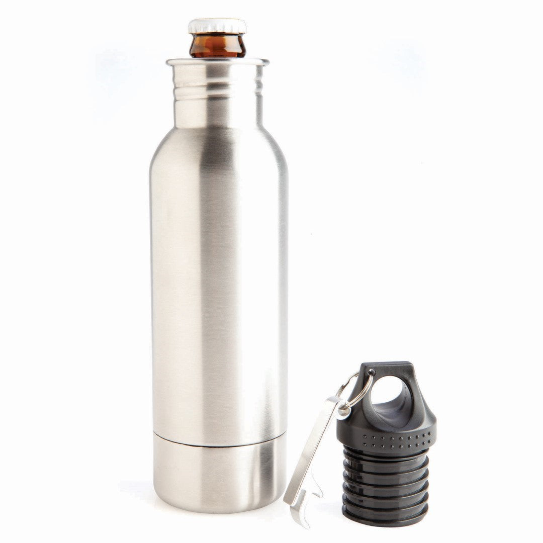 Stubby Cooler Flask that resembles a water bottle, discreetly holds beverages and features a neoprene lining for insulation.