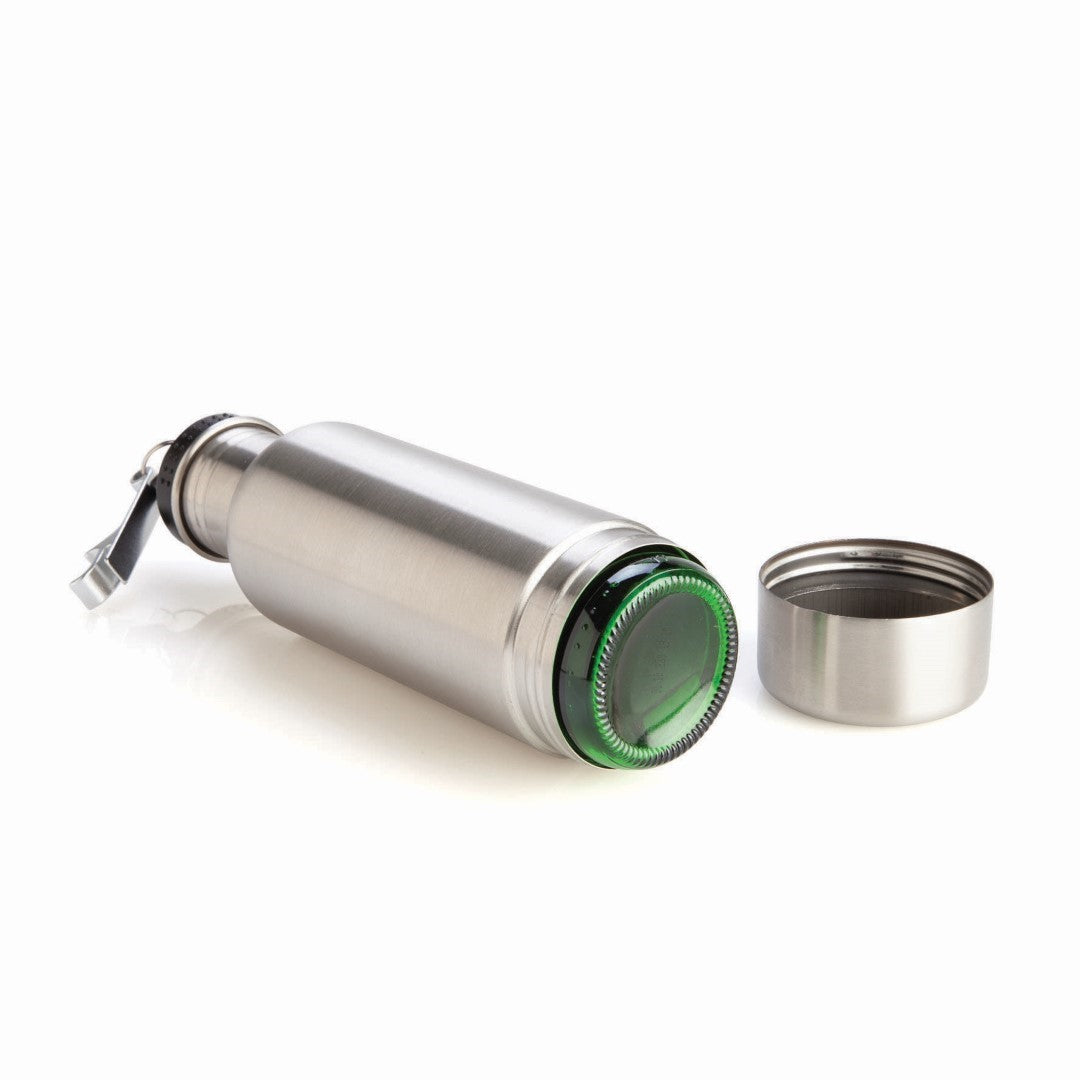 Discreet stubby cooler flask disguised as a water bottle, lined with neoprene, includes bottle opener keyring.