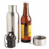 Discreet Stubby Cooler Flask designed to resemble a water bottle; keeps drinks cold and includes a bottle opener keyring.