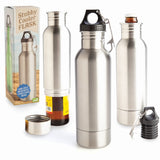 Innovative stubby cooler flask disguised as a water bottle, keeps drinks cold and includes a bottle opener keyring.