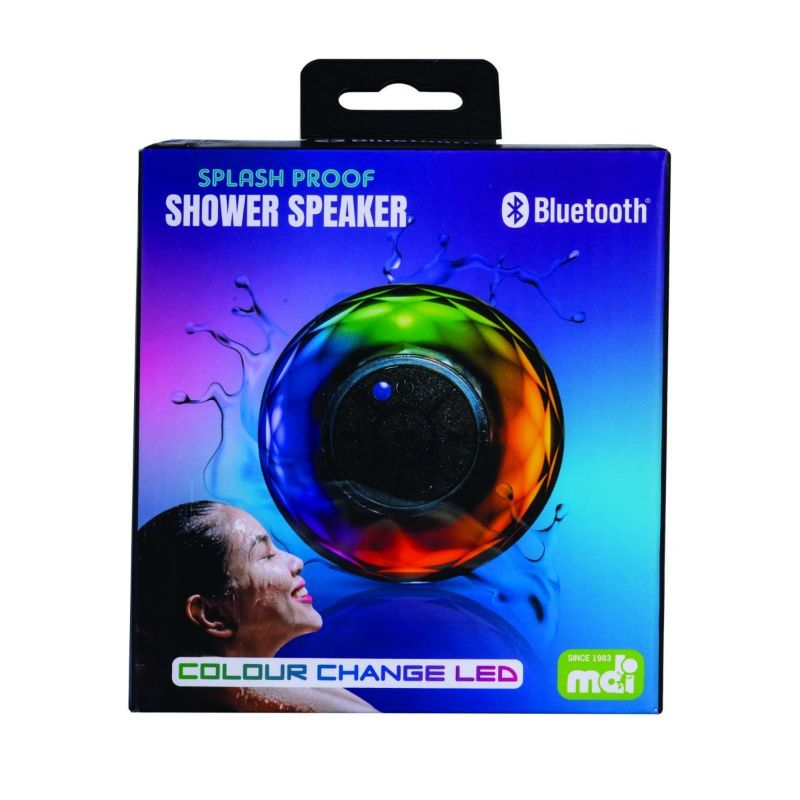 Splash-proof shower speaker with LED lights, wireless streaming, and built-in mic, measuring 8.7cm for a vibrant shower experience.