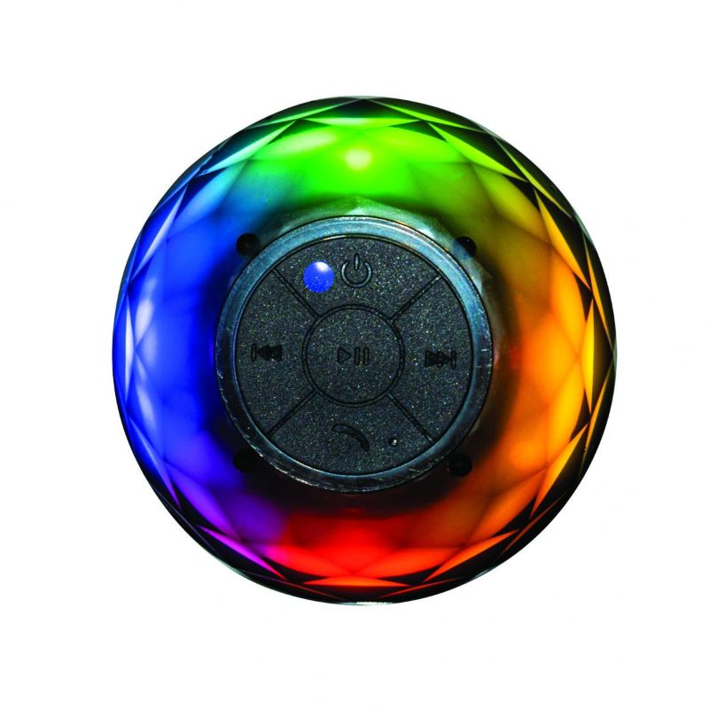 Compact splash-proof shower speaker with wireless streaming, LED lights, and built-in microphone for calls.