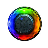 Compact splash-proof shower speaker with wireless streaming, LED lights, and built-in microphone for calls.