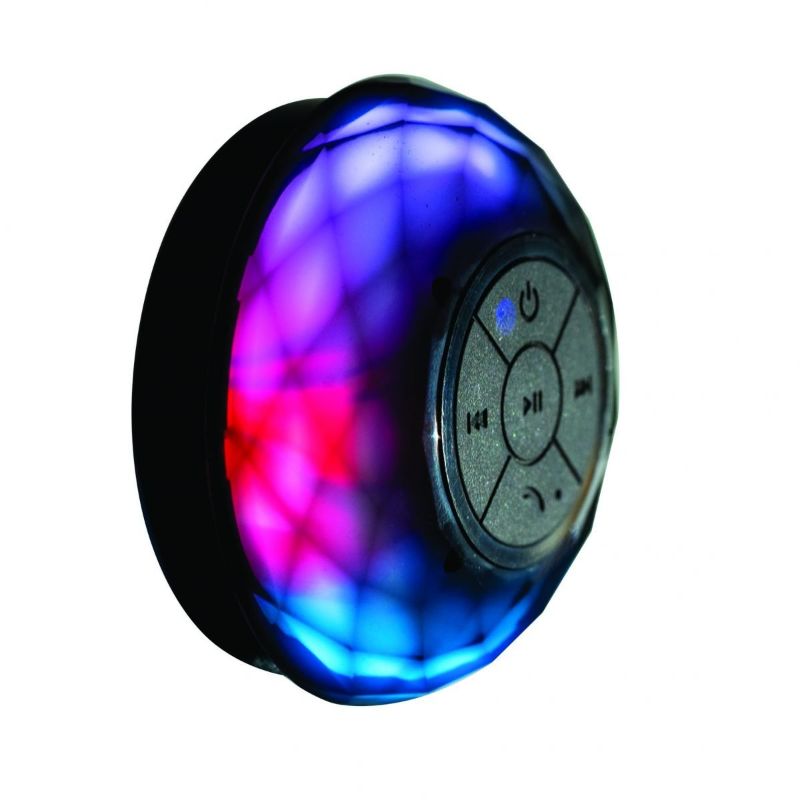 Splash-proof 8.7cm shower speaker with LED lights, wireless streaming, and built-in mic; perfect for music lovers in the shower.