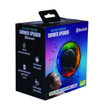 Splash-proof shower speaker with LED lights, suction cup mount, and wireless streaming for music lovers.