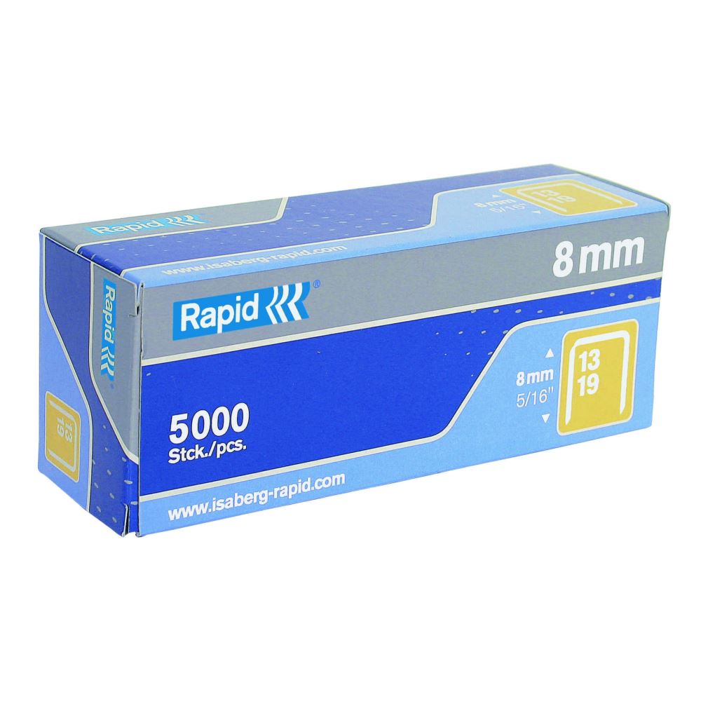 Rapid 13 series staples, 5000pcs, 8mm leg length, designed for textiles with galvanised wire for durability.