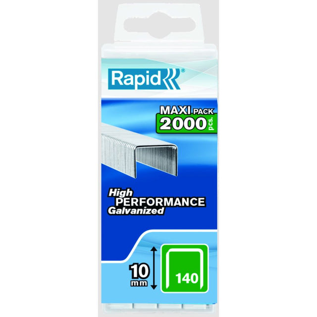 Rapid Staples 140/10 in a plastic box with 2000 durable, flat wire staples for efficient stapling of various materials.