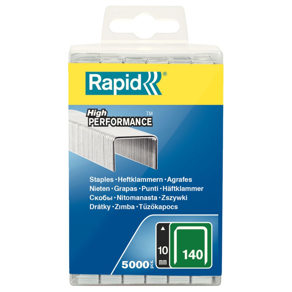 Rapid Staples 140/10 in a 5000pcs box, featuring 10mm leg length and galvanized wire for durable stapling of non-fibrous materials.