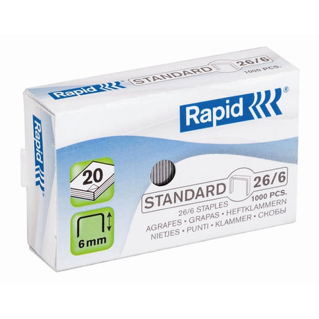 "Pack of 1000 Rapid 26/6 Mini staples, 6mm leg length, ideal for desk staplers, ensuring reliable and efficient fastening."