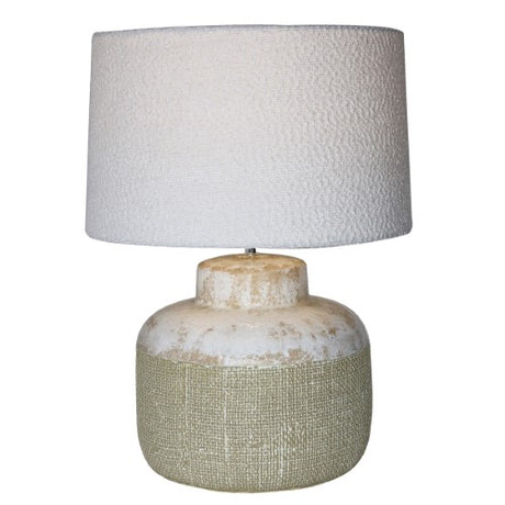 Vintage cream ceramic lamp with white shade, 43x43x56cm, adds elegance and warmth to any space. Perfect for cozy atmospheres.