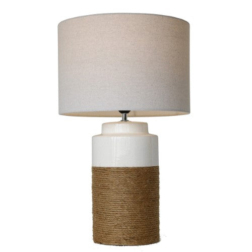 White ceramic and rope lamp with white linen shade, embodying coastal charm; dimensions 38cm x 38cm x 61.5cm.