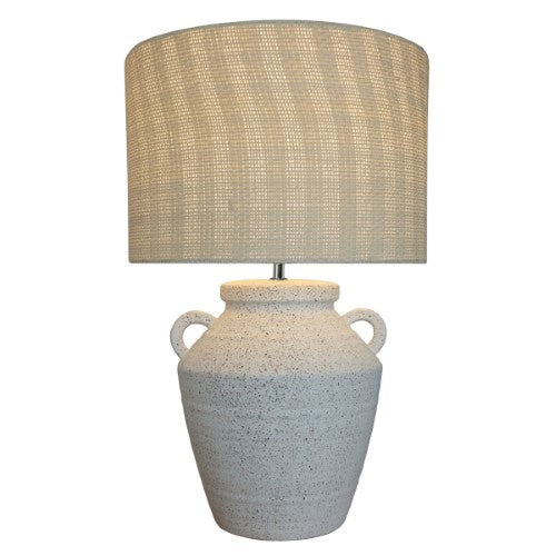 White ceramic lamp with natural linen shade, 38x38x60cm, providing soft, warm lighting for elegant home decor.